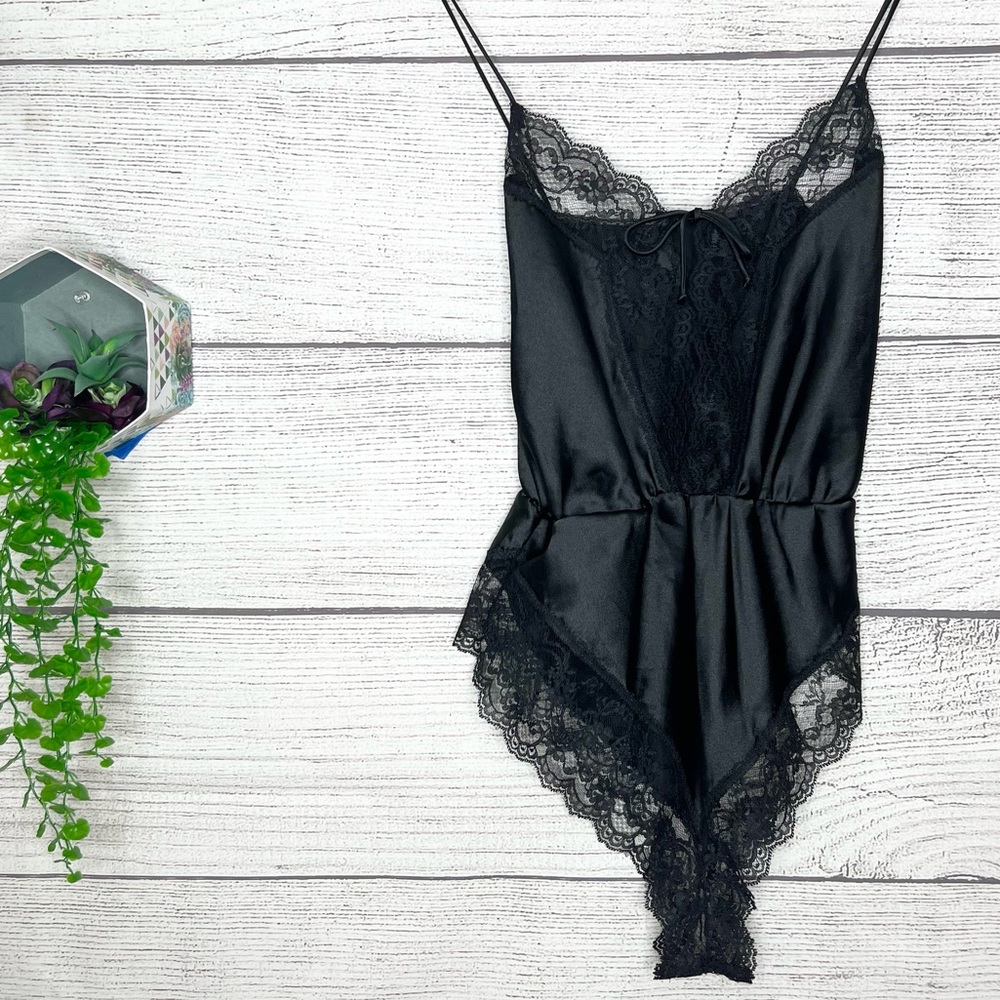 Vintage Black Satin & Lace Teddy Bodysuit Negligee Nightie Lingerie Size Medium